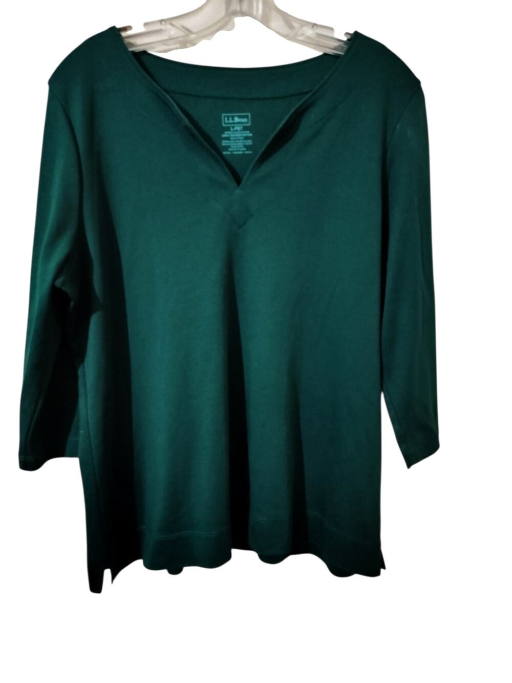 5969)L.L. Bean Woman Shadow Green Supima Cotton 3/4 Sleeve Split Neck Top L Pet